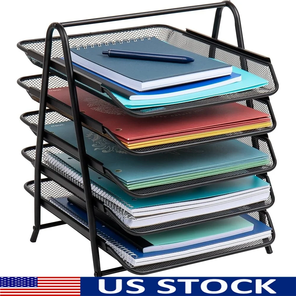 

5-Tier Metal Mesh Desktop Organizer File Storage with Carrying Handle Office Home School Documents Mail Bills