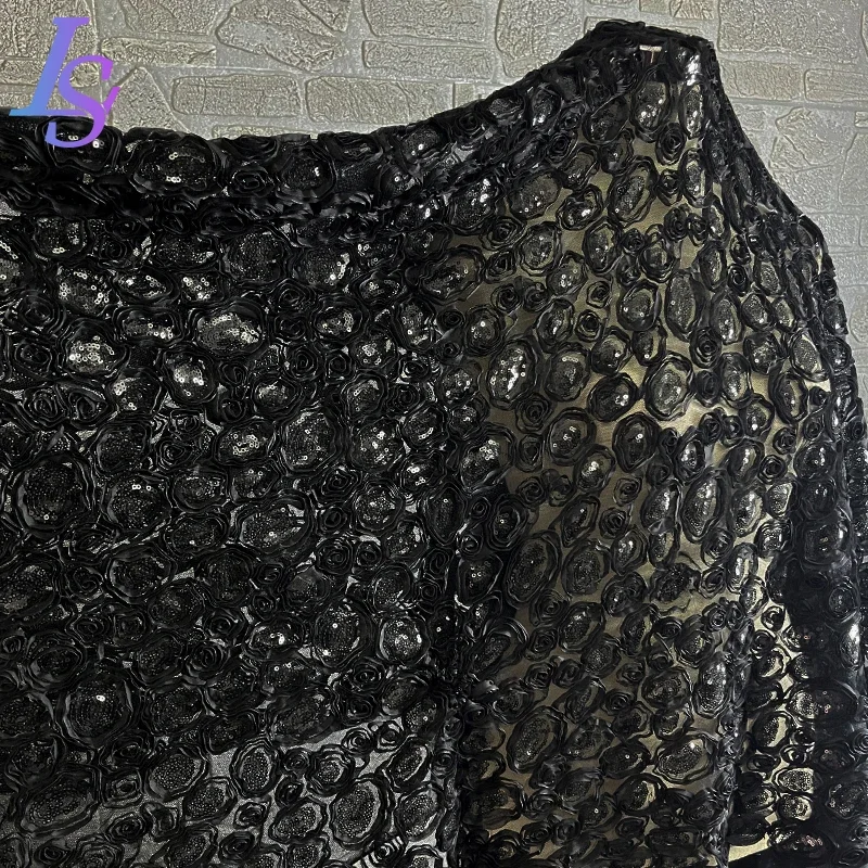 Mesh Fabric Black Rose Sequin Dress Stage Costume Designer Cloth Apparel Sewing By The Meter Diy Polyester Material