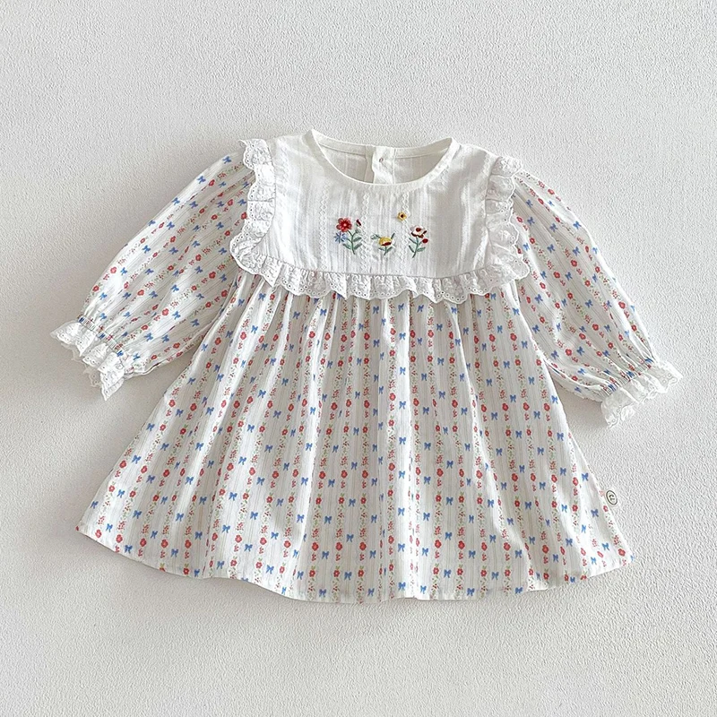 

Новое весеннее платье для девочек 1-5 лет, 2026 года, с длинным рукавом, из хлопка, с принтом, комбинированное, для вечеринок, детская одежда