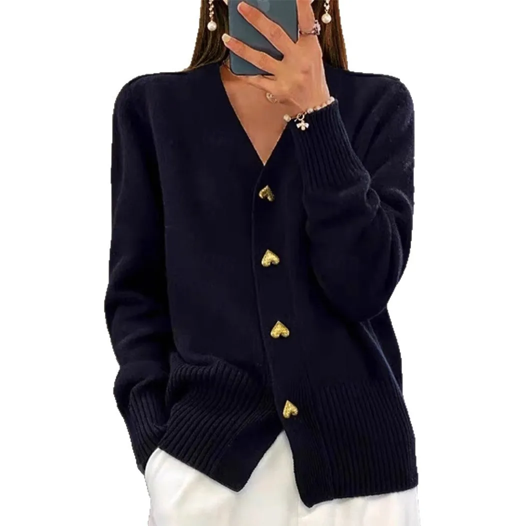 Women's V Neck Knit Cardigan Long Sleeve Solid White Sweater with Heart Shaped Gold Buttons Ribbed Trim Casual Coat