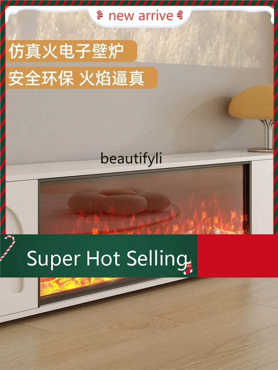 

S132 Cream Fireplace Simulation Flame TV Cabinet Living Room Home TV Cabinet Storage Locker Integrated