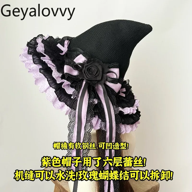 النمط الياباني لوليتا القوطية الظلام نمط قبعة الساحرة عيد الميلاد اليدوية تأثيري القوس الدانتيل وأشار قبعات الساحرة قبعات الفتيات الحلو