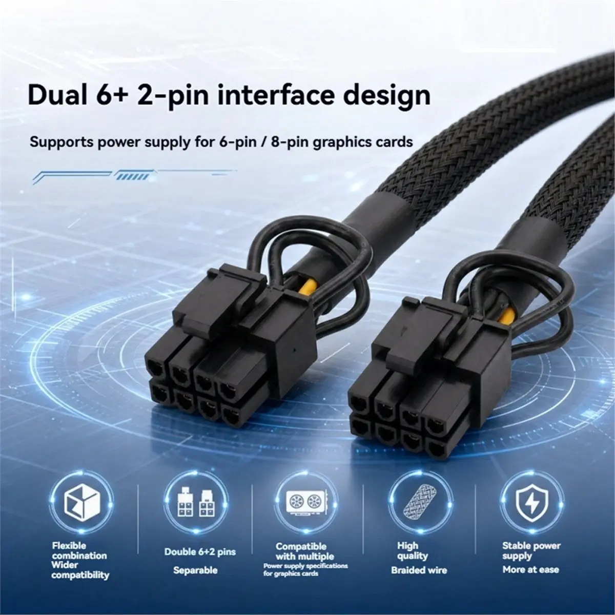 computer Braided Y-Splitter Graphics Card Power Cable 12Pin Female to Dual 8Pin(6+2) Male PCI-E Power Adapter Extension Cable