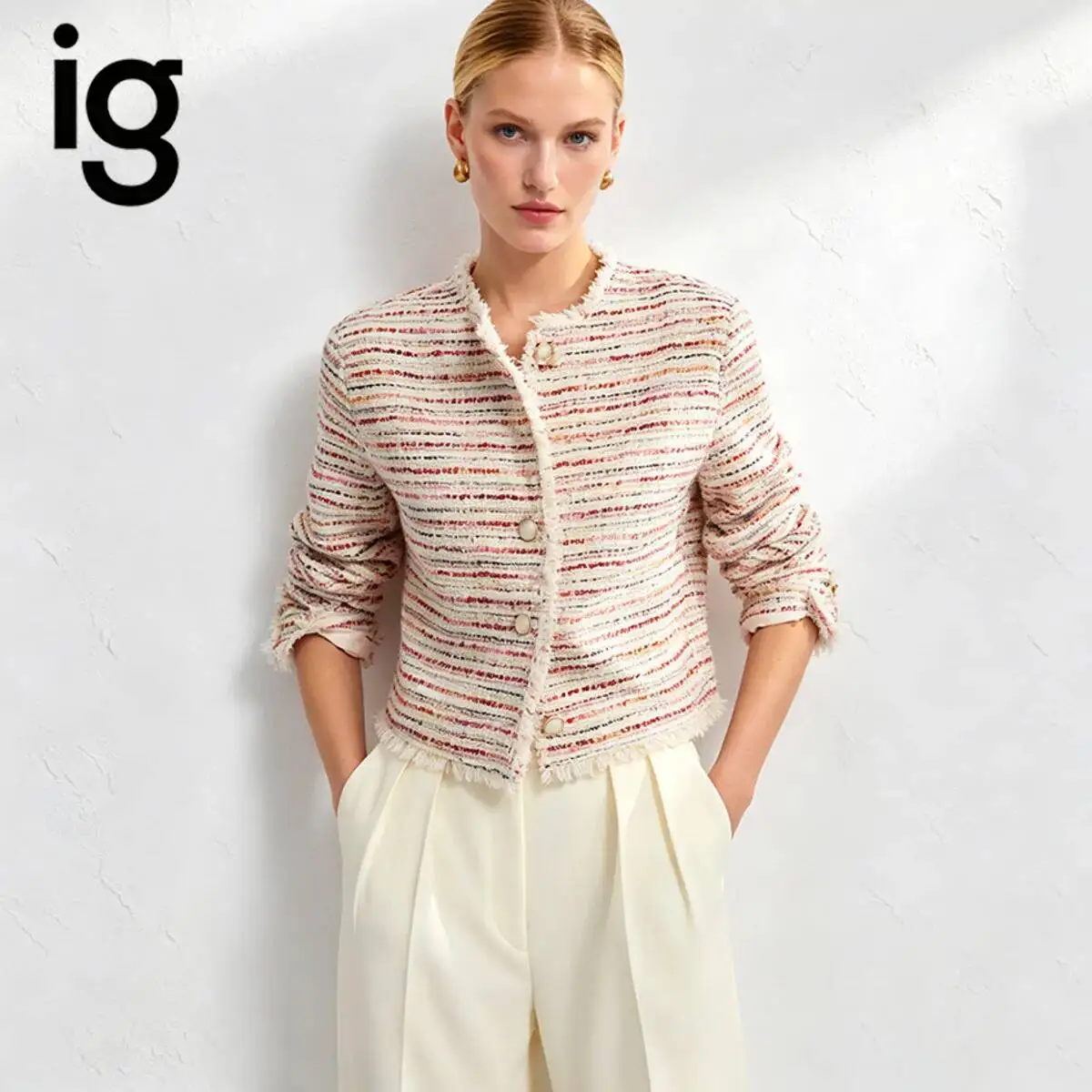 IG 2026 Women's Round Neck Striped Tweed Short Jacket, Pearl Button Front Fringe Hem Three Quarter Sleeve Cropped Outer Coat