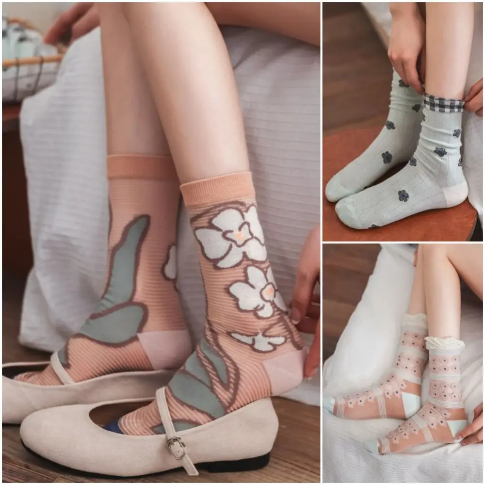 

2/3 пары милых прозрачных носков с цветочным принтом, шелковые носки-трубы с цветочной рюшами и кристаллами, полосатые чулочно-носочные изделия, женские летние носки до середины икры