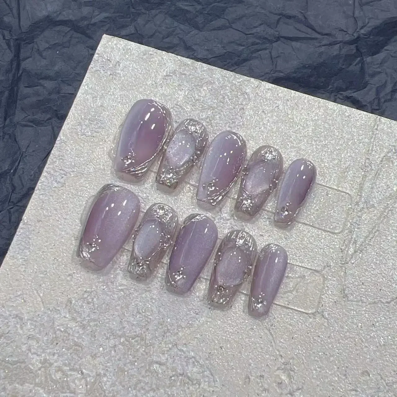 10Pcs Coffin Handmade Press On Nails Full Cover Diamond Cat Eye Glitter Spar Ballet False Nails Wearable Manicure Nail Tips Art