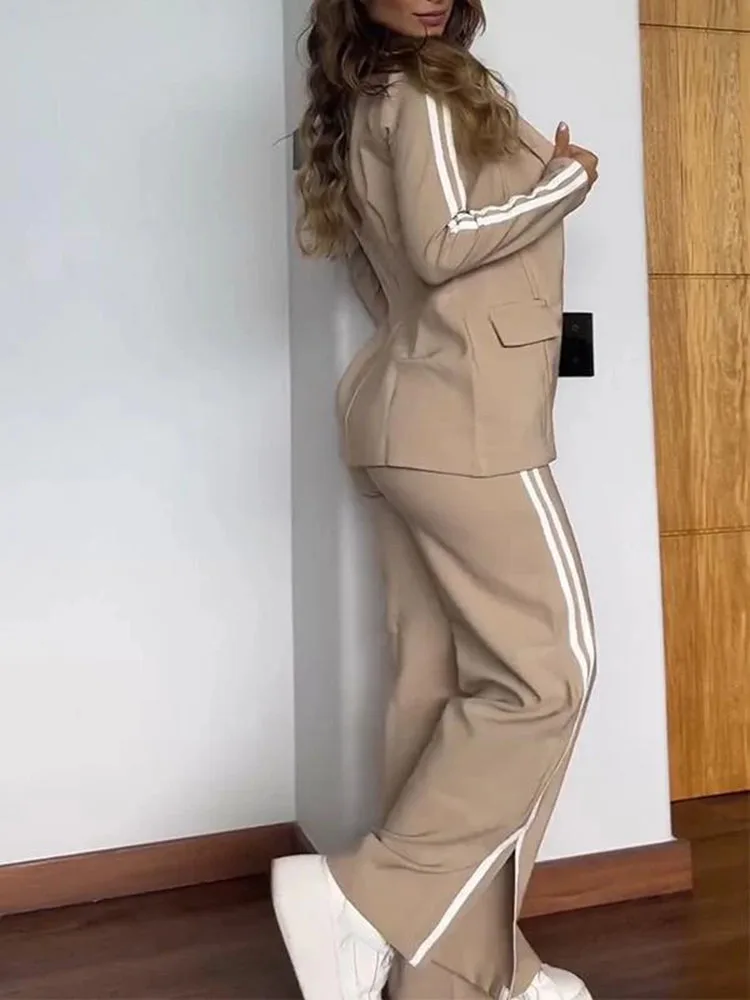 Women\'s Two-piece Set Fall Winter Casual Pantsuit Fashion Splicing Stripes Slit Wide Leg Trousers Female Suit Sports Clothing