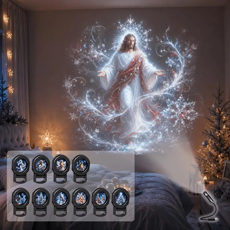 USB Christmas Projector Light 10pcs Patterns Adjustable Night Light Xmas Santa Snowman Church Nativity Projection Lamp Decor