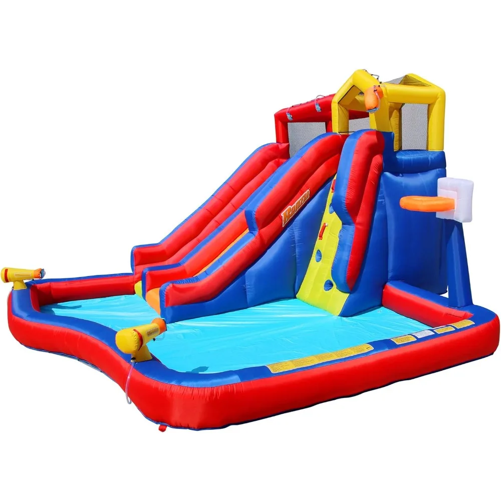 Twin Falls Water Slide, Heavy Duty Inflatable Water Park w/ 2 Waterslides, Water Cannons, & Basketball Hoop