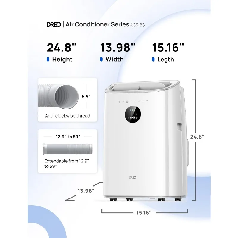 Портативные кондиционеры Dreo, интеллектуальный блок переменного тока 8000 БТЕ ASHRAE (5000 БТЕ DOE) для спальни с охлаждением без дренажа, AC318S