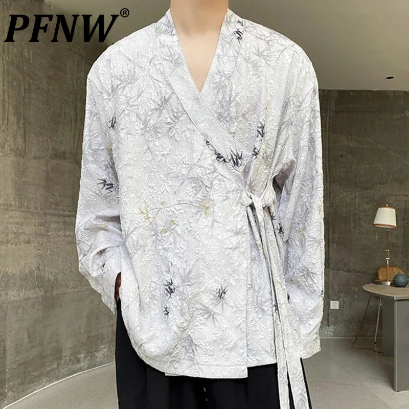 

Рубашка PFNW Мужская Плиссированная, жаккардовая рубашка на шнуровке, с длинным рукавом, в китайском стиле, контрастных цветов, 9C4577, 2024