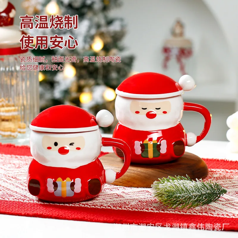 

Christmas Ceramic Mug with Lid and Spoon Creative Cute Santa Claus Shape Coffee Mug Drinking Cug Christmas Decoration Gift