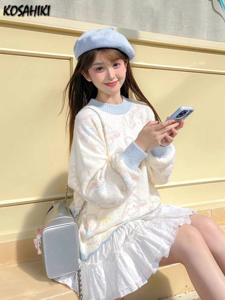 

Preppy Style Kawaii Cartoon Jacquard Sweaters Harajuku Loose Grunge Cute Jumpers Y2k Aesthetic Women Patchwork Knitted Pullovers