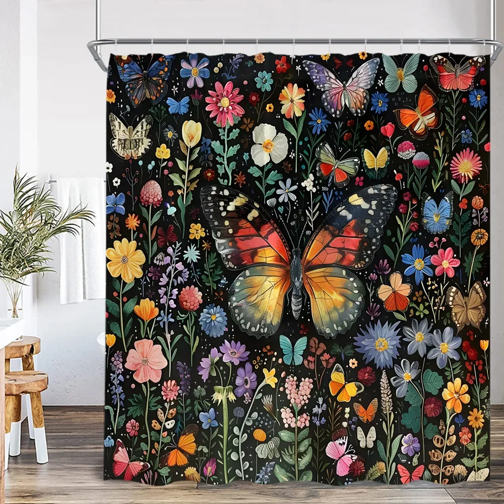 Vintage Butterfly Floral Shower Curtain Dragonfly Flower Moon Plant Skull Witch Magic Shower Curtain Bathtub Decoration