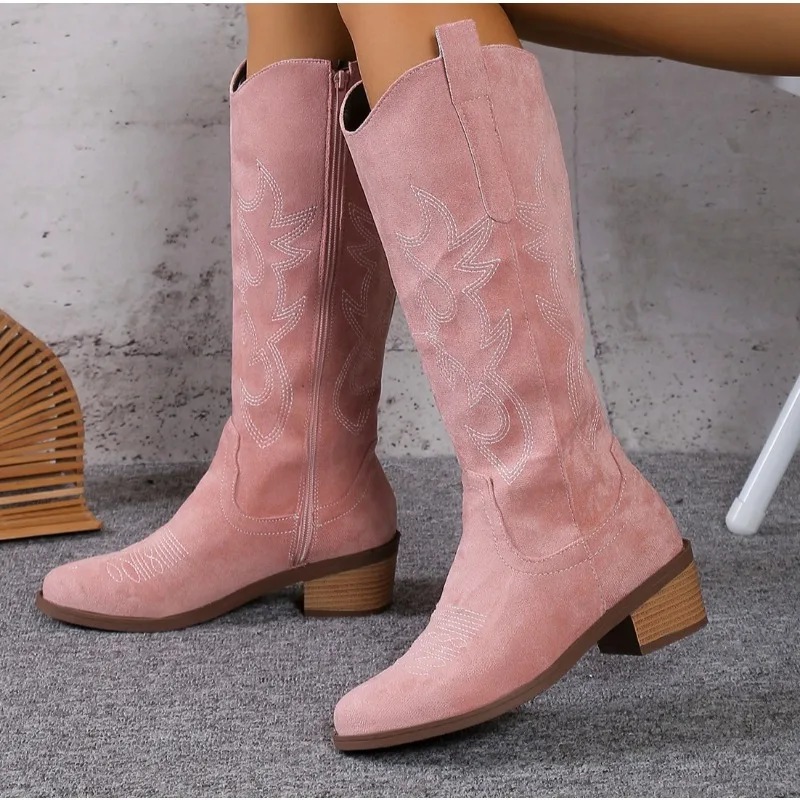 

Embroidered Western Cowboy Boots for Women Autumn Pointed Toe Thick Heel High Knee Boots Woman Loose PU Leather Long Botas Mujer