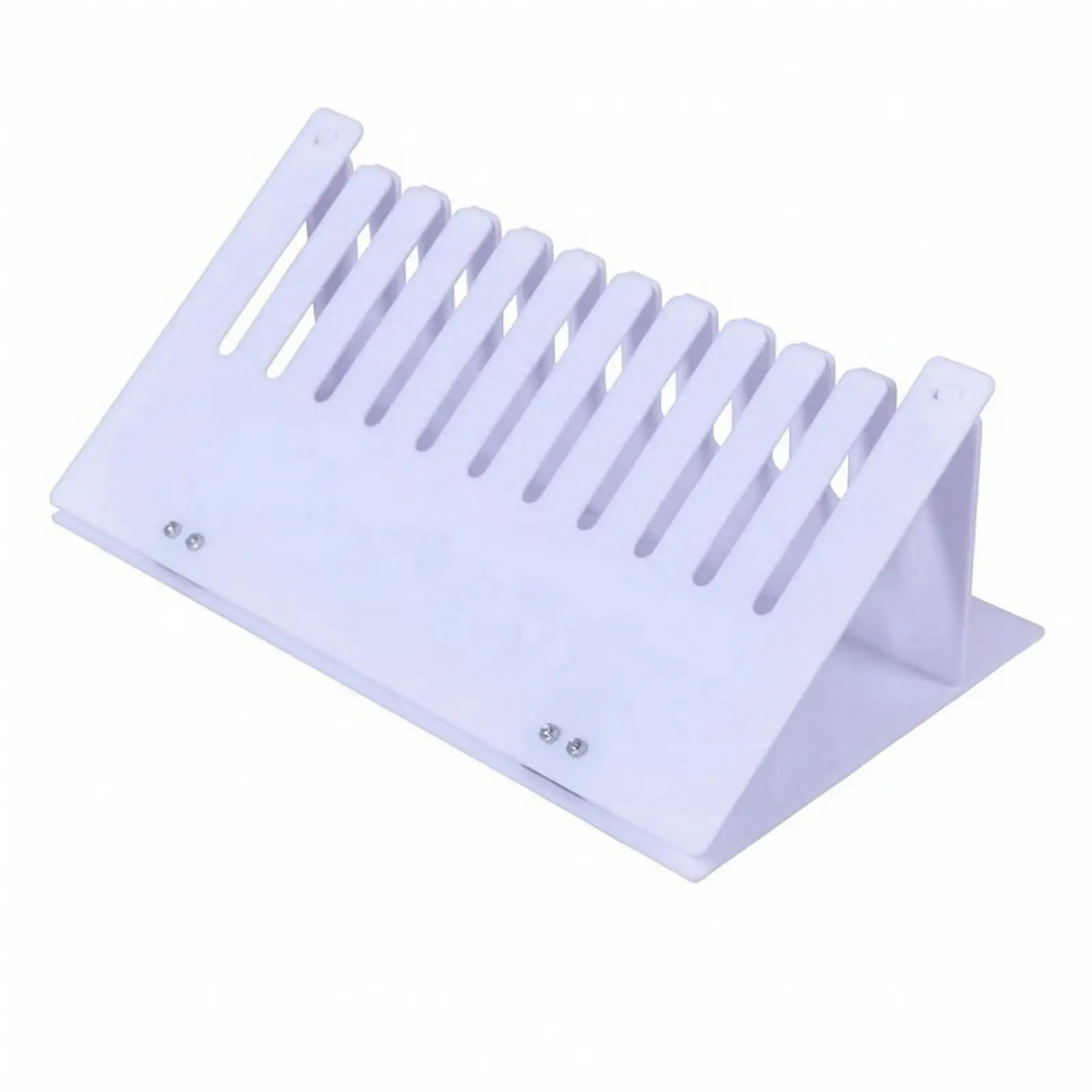 White Plastic Industrial Rack for Model Runner Frame Organizer with Angled Slotted Display for Workbench Use