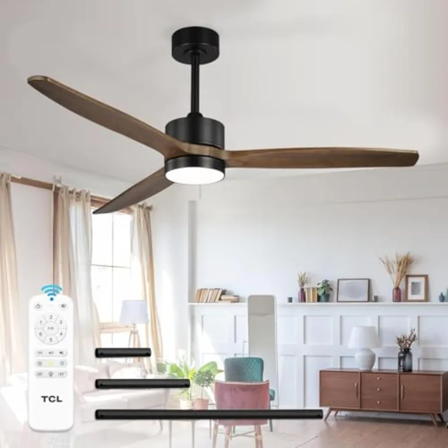 

Indoor modern farmhouse ceiling fan with light and remote: 52 inch, 3 wooden blades, dimmable LED, 6-speed memory DC reversible
