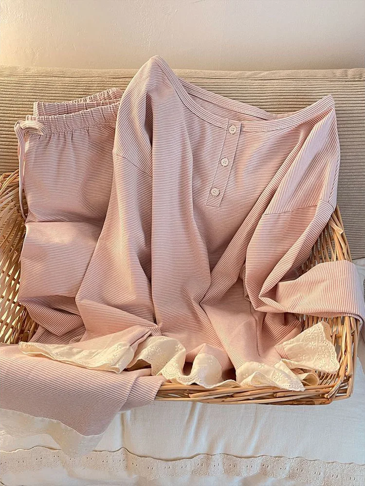 Plus Size 300-Pou Zoete Kanten Rand Roze Lange Sve Spwear Dames Lente Herfst Nieuwe Gestreepte Lange Broek Thuis kleding