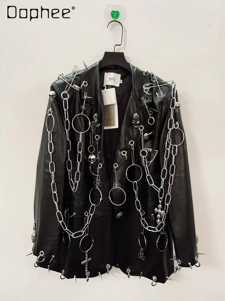 

Spring and Autumn New Rock Hip-Hop Style Black Chain Men's PU Leather Jacket Punk Dark Street Performance Outfit