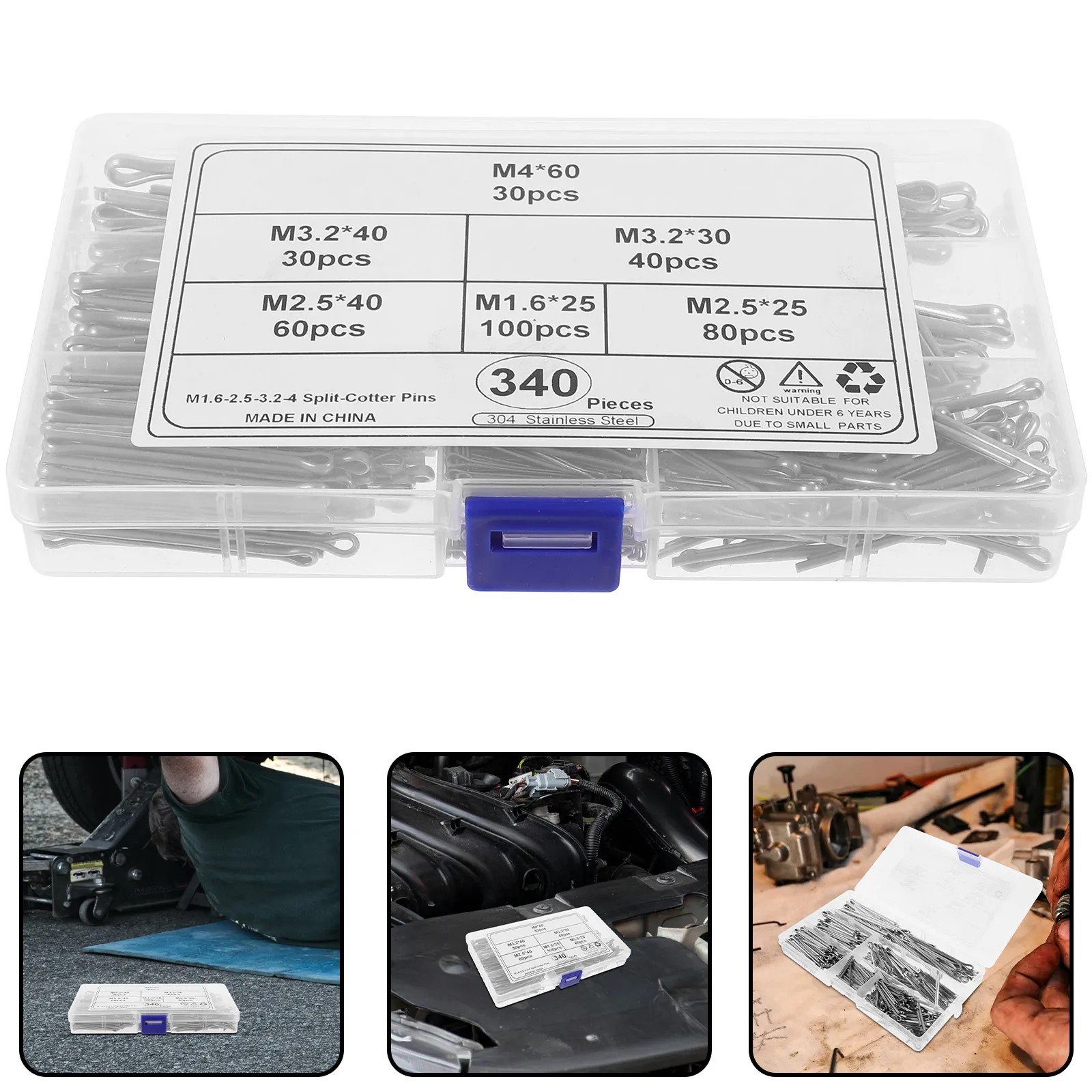 

340Pcs Stainless Steel Cotter Pins Assortment Kit Sturdy Split Pins for Vehicle Machinery Lock Pin Clips Cotter Pin Assortment