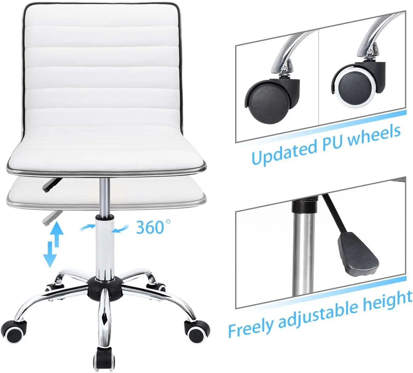 Mid Back Vanity Chair for Makeup Room, Low Back PU Leather Swivel Computer Desk Chair, Task and Office Chair Retro (White)