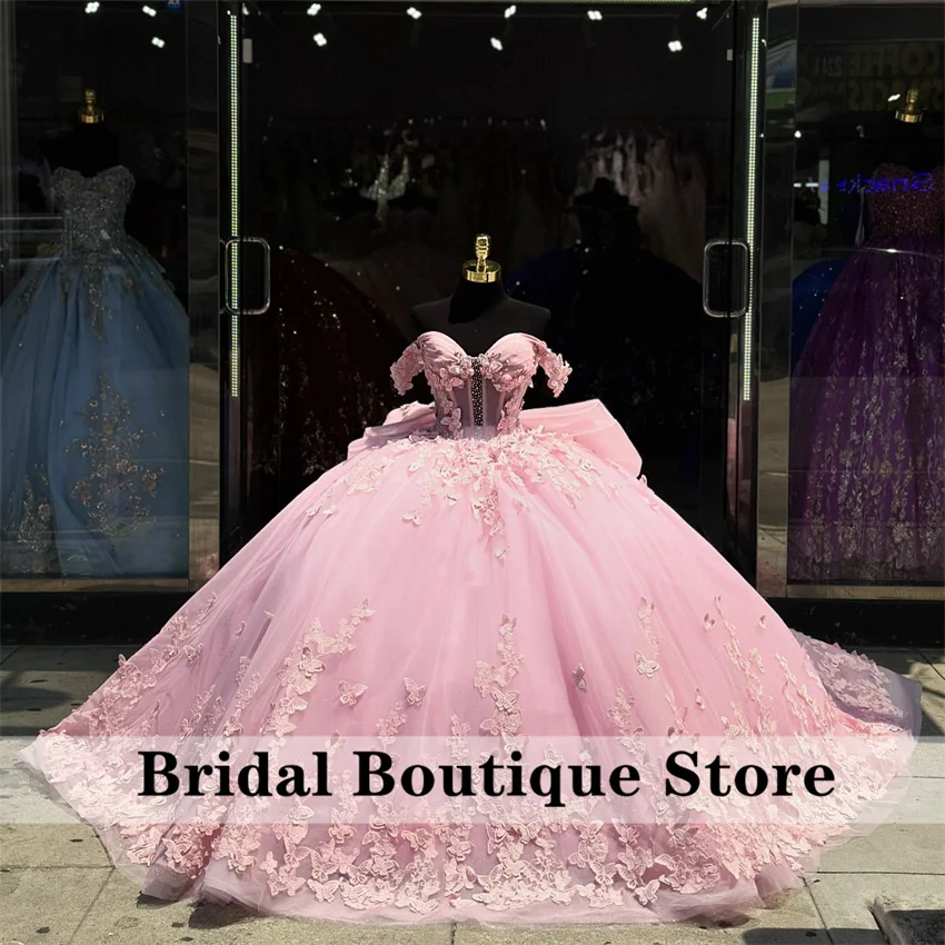 Prinzessin Rosa Quinceanera Kleider Ballkleid mit Schleife Perlen Schmetterling Kristalle Geburtstag 15. Partykleid Schnürung Maßgeschneidert