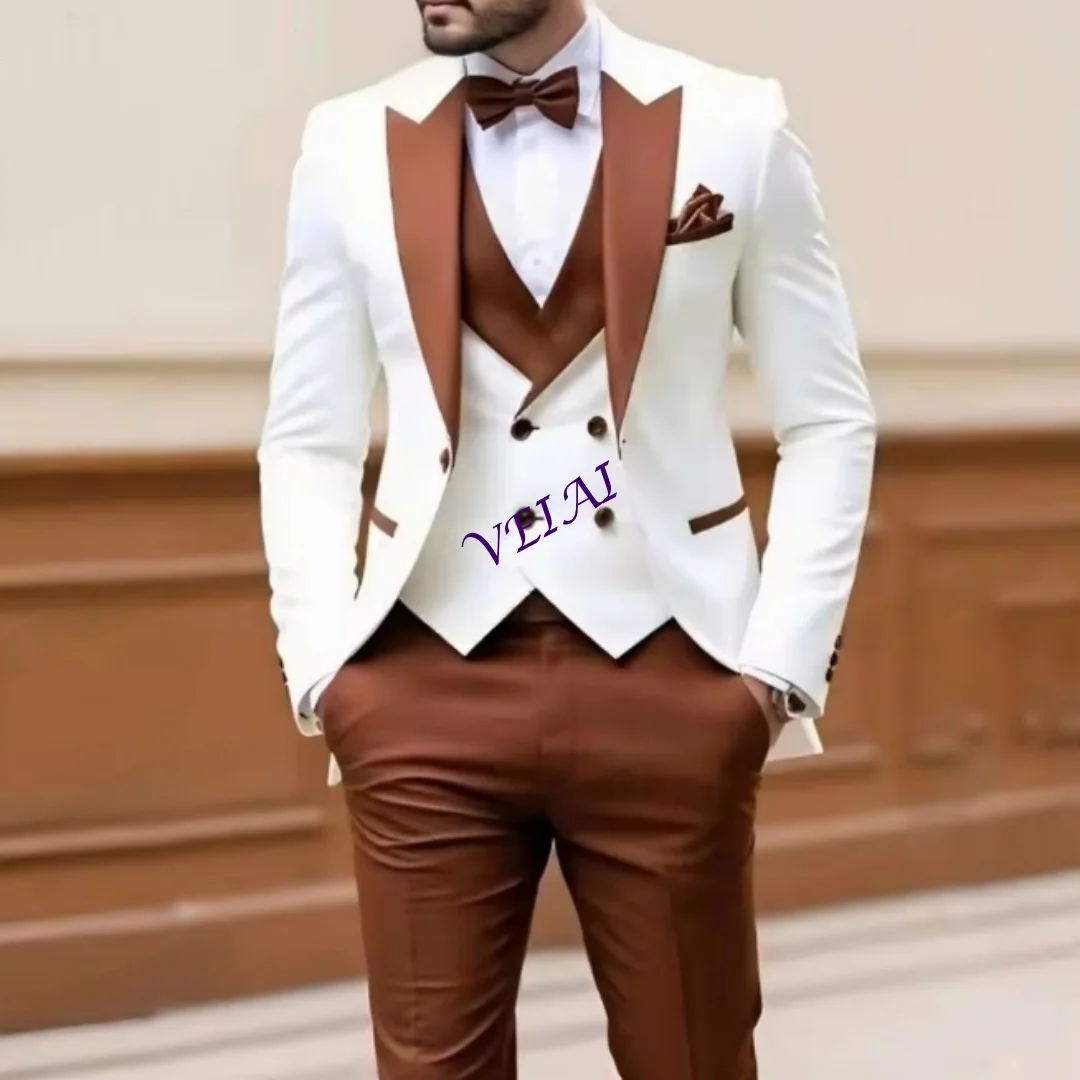 3 Piece Set Men's Tuxedo Suit - White & Brown Formal Blazer Vest Pants Groom Groomsman Wedding Party Prom Male Occasion