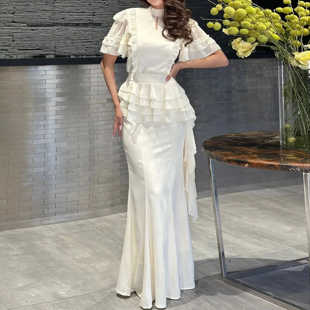 

Customized A-Line Prom Dresses Floor-Length High-Neck Short Sleeve Evening Gown Simple Fashion Tiered Draped Casual Party Gown