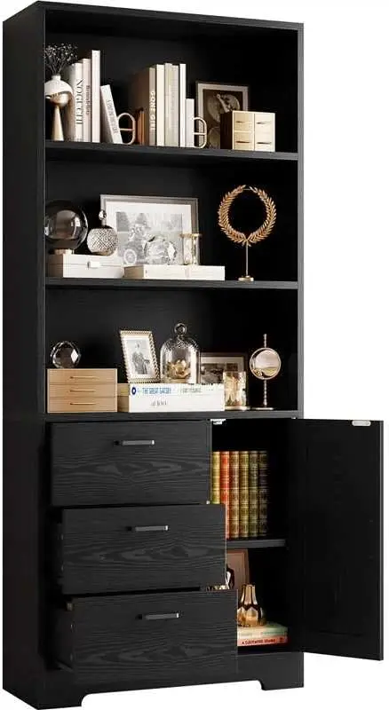 

Bookshelf with Door and 3 Drawers, 71in Tall Bookcase Shelf 3-Tier Shelves, for Bedroom Living Room Entrance Hallway Home Office