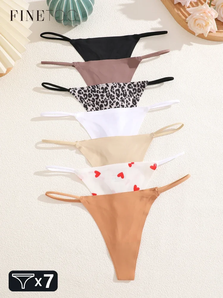 

FINETOO 7Pcs Seamless Printed And Solid Thongs Women Sexy Soft Breathable Underwear Ice Silk Leopard G-string Stretchy Lingerie