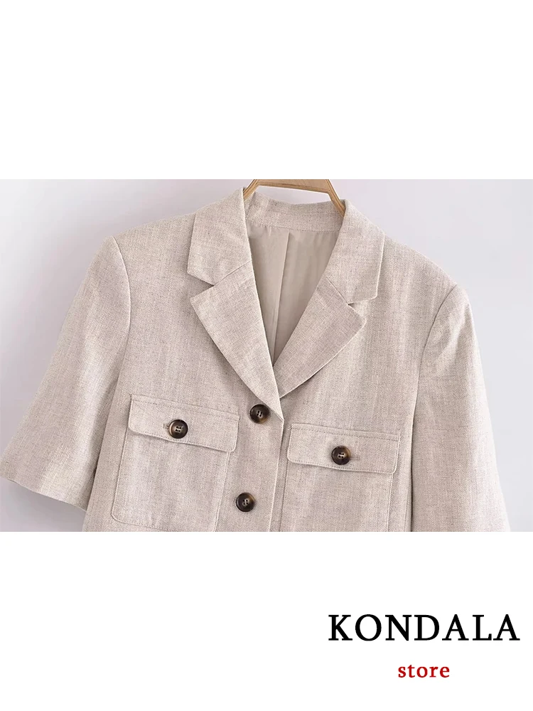 KONDALA Casual Beige 2 Pieces Women Suits V Neck Short Sleeve Blazer+High Waist Straight Shorts Skirt Fashion 2023 Summer Sets