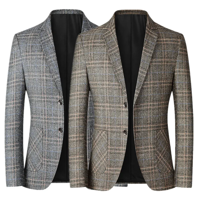 

2025 New Men Business Casual Plaid Striped Suit Gentleman Wedding Prom Party Dress Blazer Slim Fit Jacket