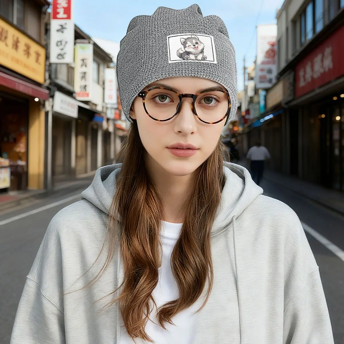 Cute Winking Kawaii Husky Waffle Knit Fleece Lined Beanie with PU Leather Patch Unisex Warm Winter Soft Cap