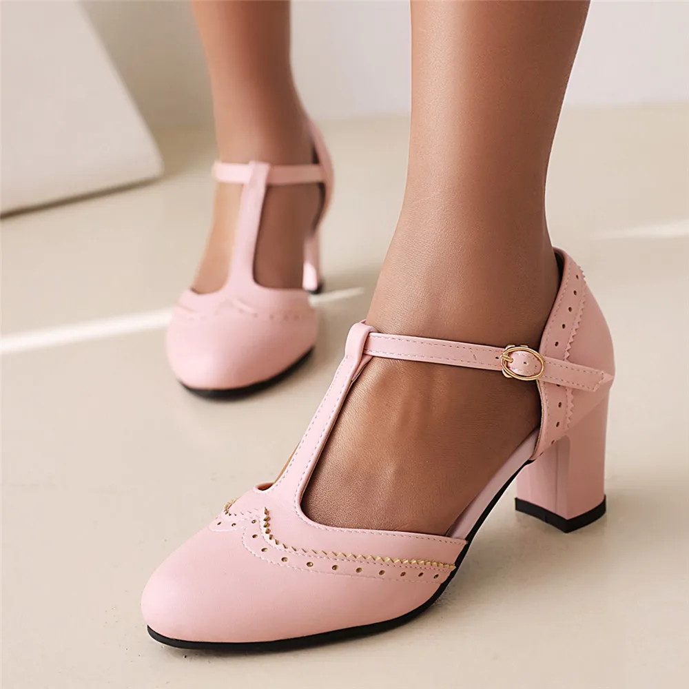 Lady Fashionable Single Shoes T-Strap Buckle Sweet Blue Pumps 6.5CM Heel High Heels Zapatos Party Wedding Women Mary Janes Shoes