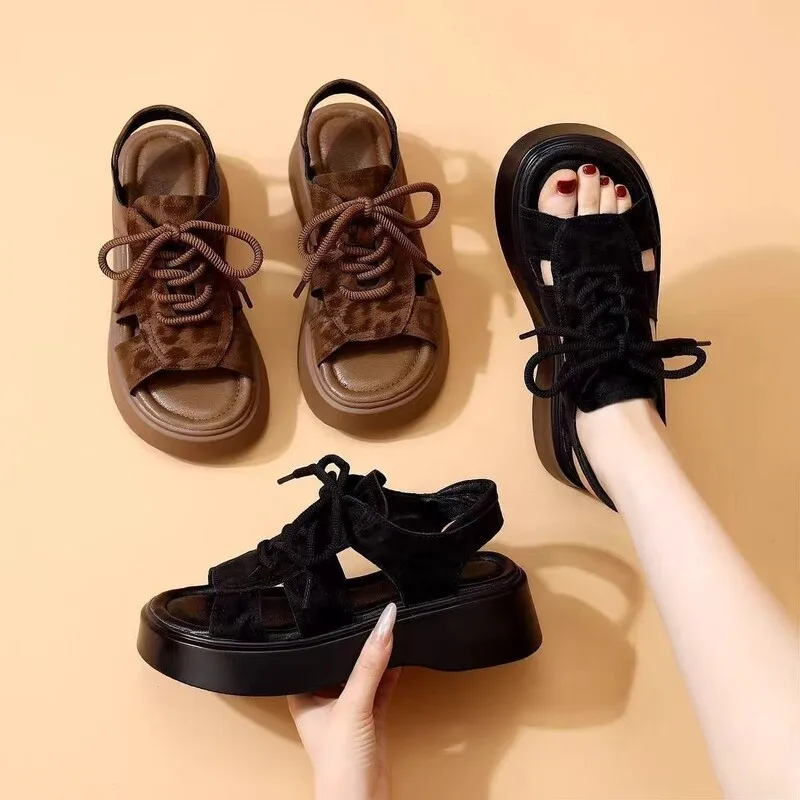Women's Fashionable Leopard Print Decorative Thick-soled Non-tiring Sandals 2026 Summer New Lace-up Design Sports Sandals
