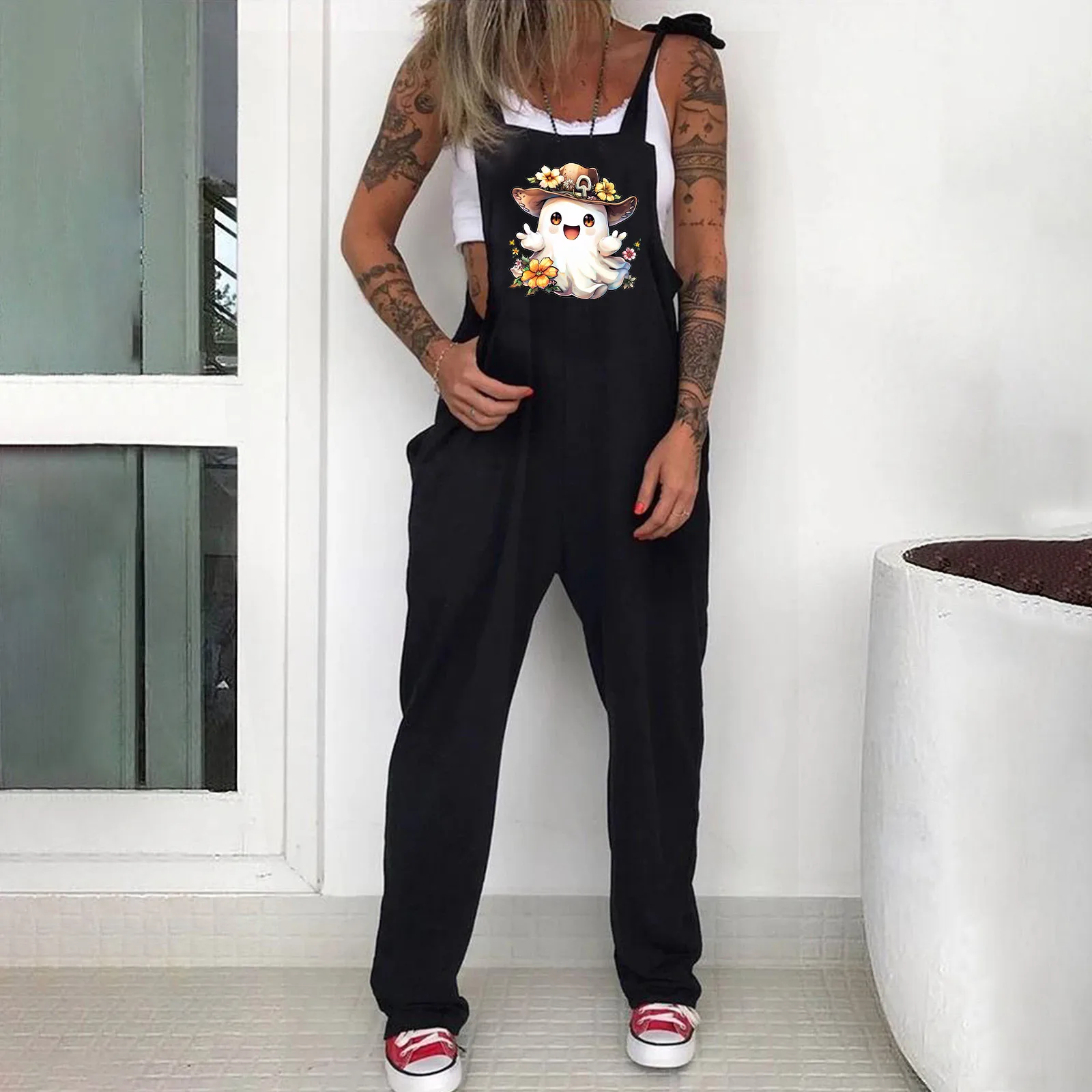 Herbst Mode Straße Halloween Stil Drucken frau Overall Beiläufige Lose Ärmel Einem Stück Overalls Breite Bein Hosen Frau