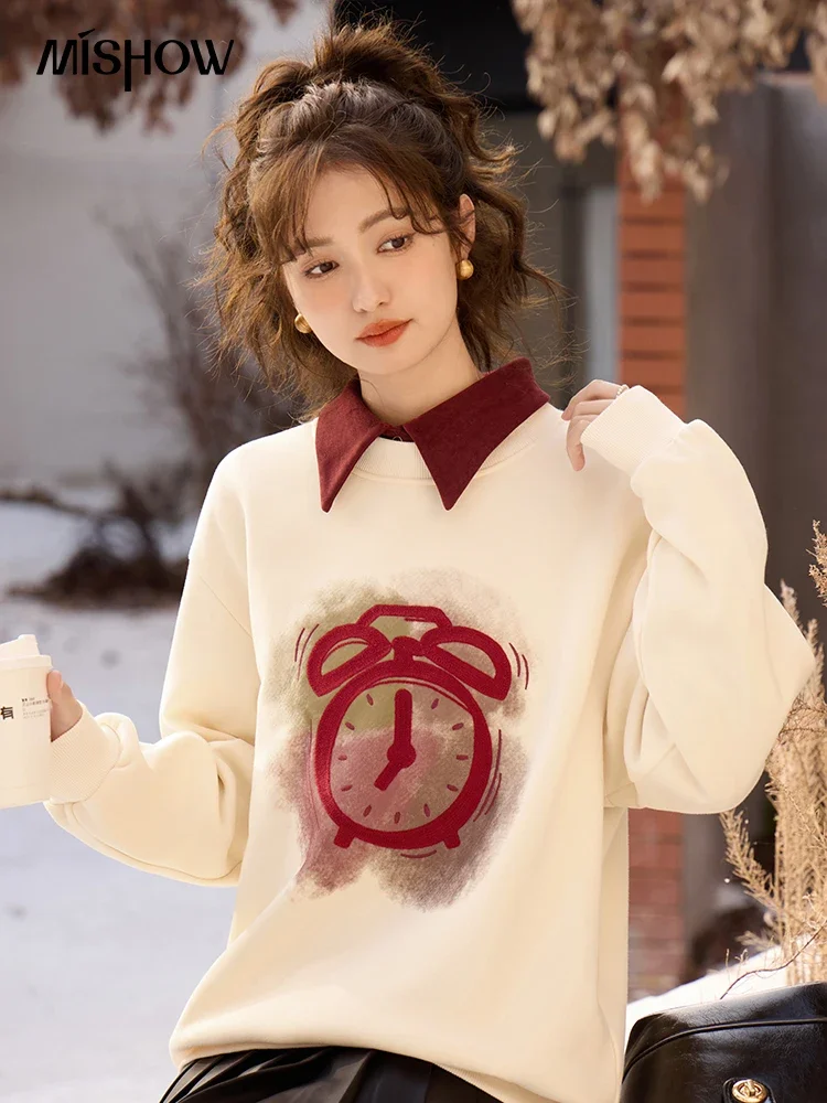 MISHOW Fleece Crewneck Sweatshirt Women Autumn Winter Oversized Pullover Loose Sweatshirts Alarm Clock Print Lady Top MXC58V0078