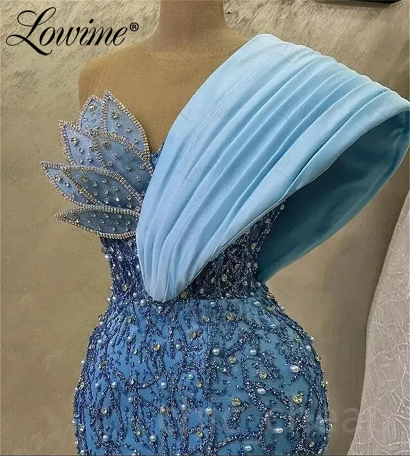 Vestido frisado de cristal, pescoço puro, vestidos de baile, ocasião formal, vestidos de noivado, azul, Aso Ebi