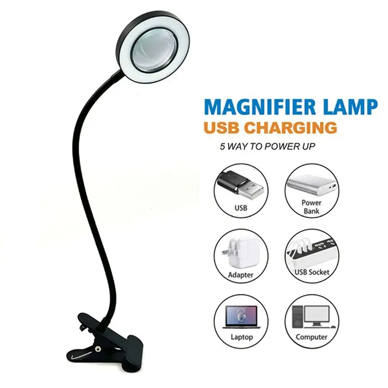 48 LED Desk Lamp Clip With 5X Magnifying Glass Light 360° Adjustable 3 Modes LED Desk Light For Bed Desk Work Crafts-2PC view 2