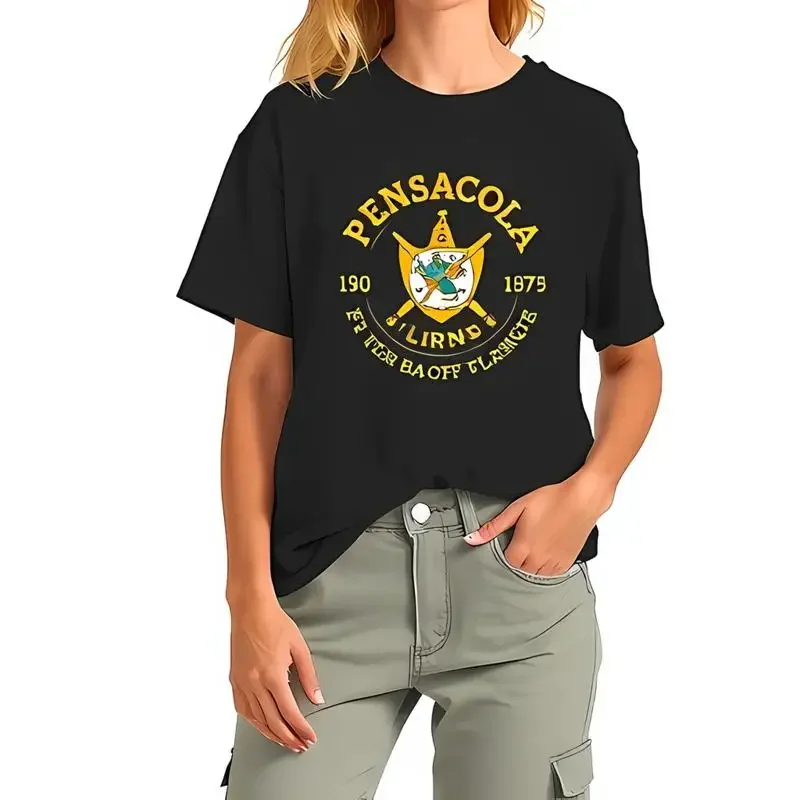 Oversized Black T Shirt With Golden 'Pensacola' Design Crossed All Cotton