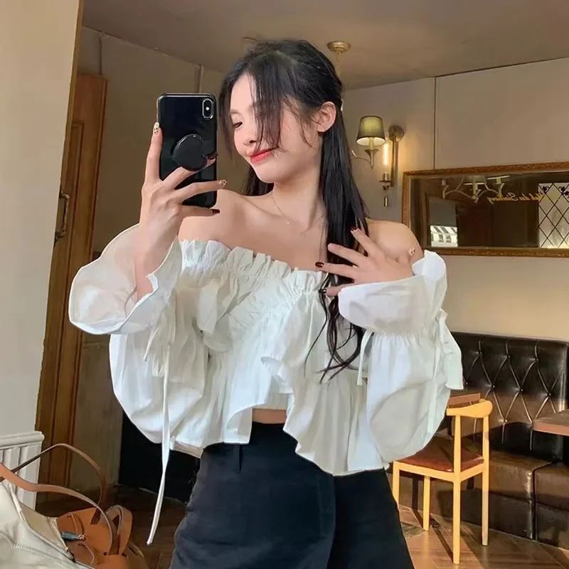 Ruffles Splicing Crop Blouse Women Sexy Off Shoulder Slash Neck Casual Top Y2K Fashion Korean Drawstring Criss Cross Chic Shirt