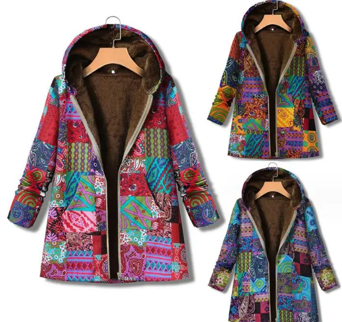 New Women Winter Warm Floral Hooded Jacket Flower Print Hoody Vintage Oversized Coats Winter Padded Jacket Women Parkas