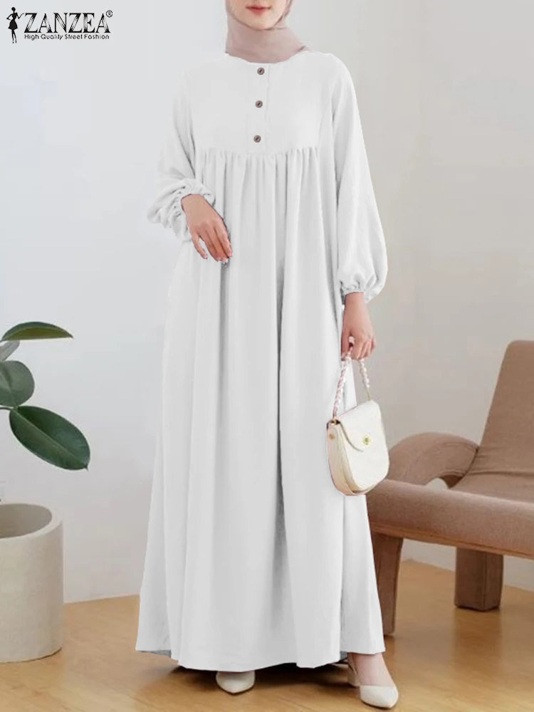 ZANZEA Women Vintage Solid Long Dress Muslim Fashion Abaya Robe Femme Casual O Neck Long Sleeve Maxi Vestidos Abayas For Women