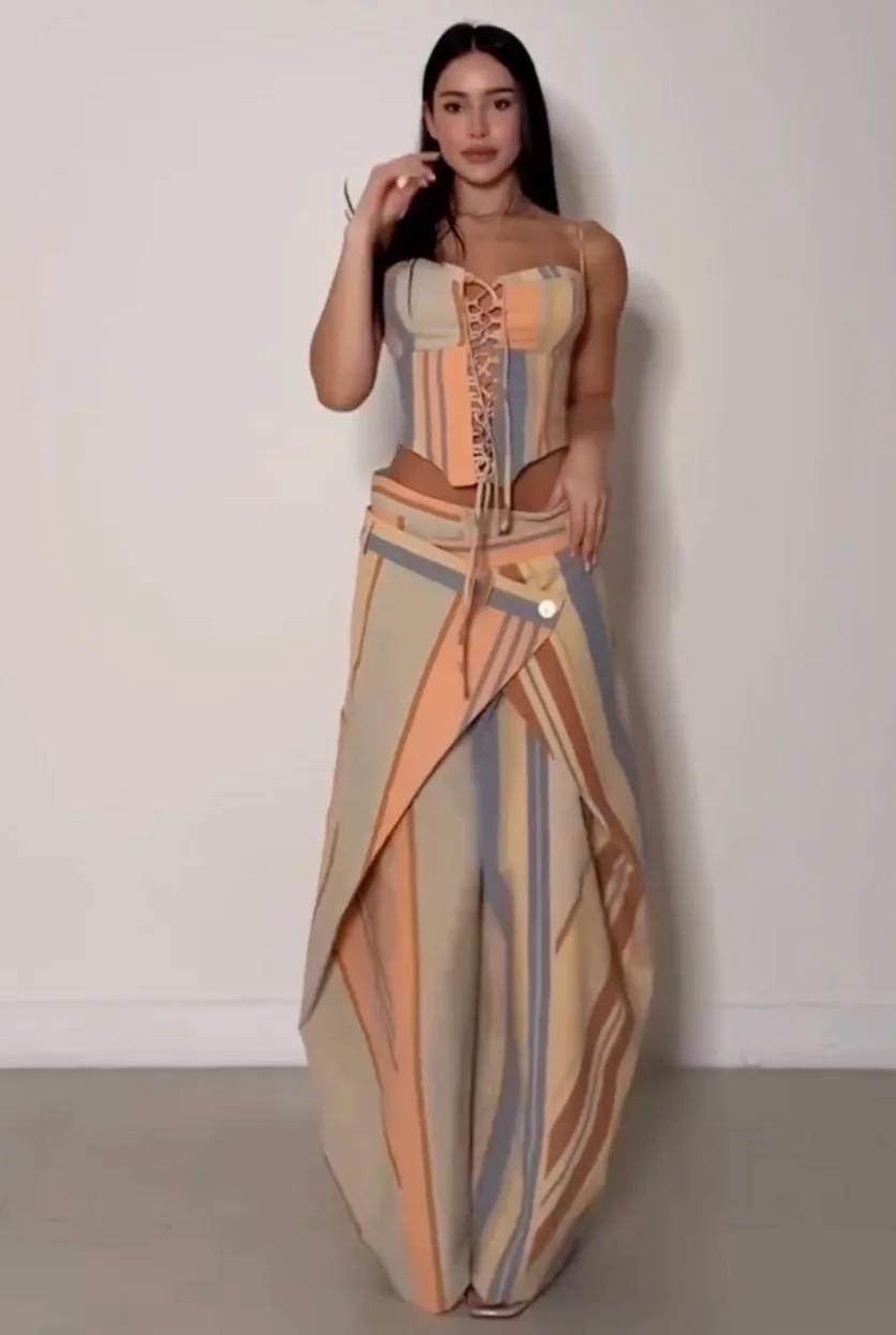 Sexy Print Vest Pants Women's Set Beach Patchwork Slash Neck Lace Up Top Pleated Trousers 2026 Summer Holidays Lady Outfit New view 6
