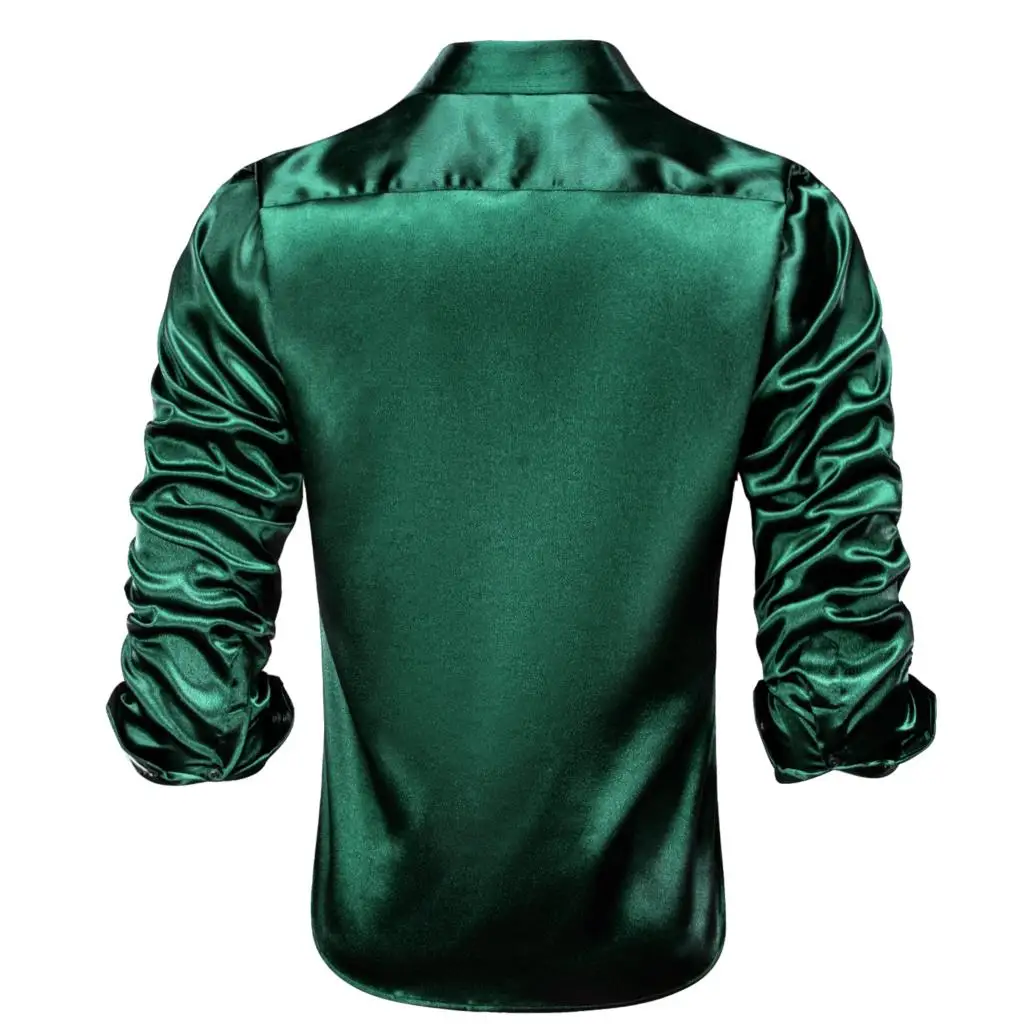 Hi-Tie Mens Big Size Green Silk Satin Shirts Lapel Collar Solid Long Sleeve Social Dress Shirt Soft High Quality Blouse for Male