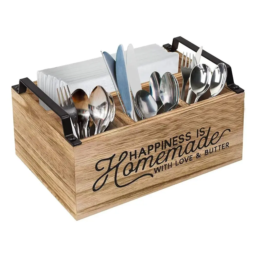 

4-сеточная деревянная перегородка, ящик для хранения, устойчивый ретро-держатель для кухонной утвари с ручкой, большая вместительная коробка для хранения пульта дистанционного управления