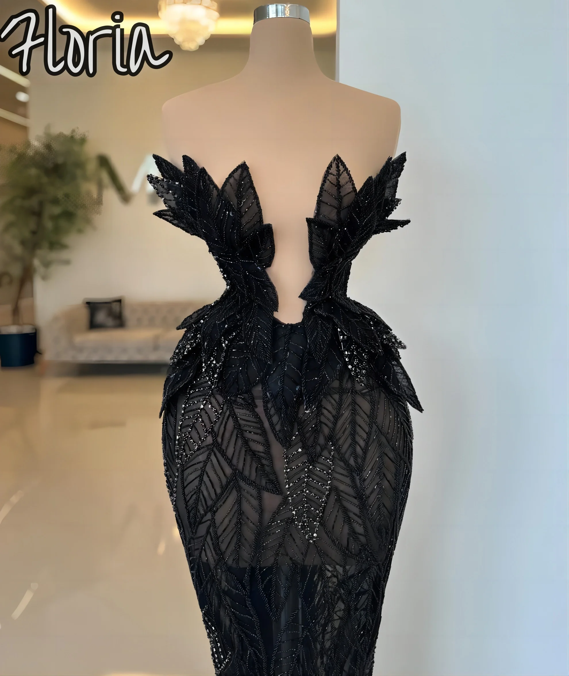 

Arabic Black Long Evening Party Dress Beaded Mermaid Celebrity Dresses V-neck Custom Made Dubai Fashion Couture Vestido De Fiest