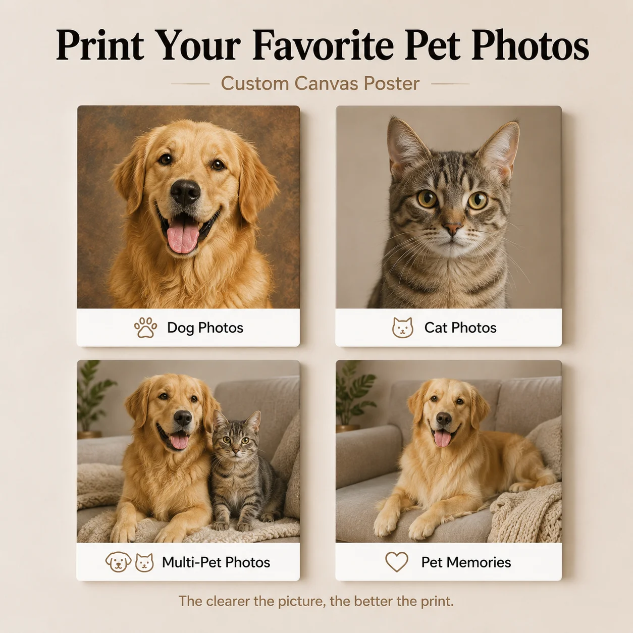 Personalized Pet Canvas Print Custom Dog Cat Photo Poster Wall Art for Home Bedroom Living Room Decor