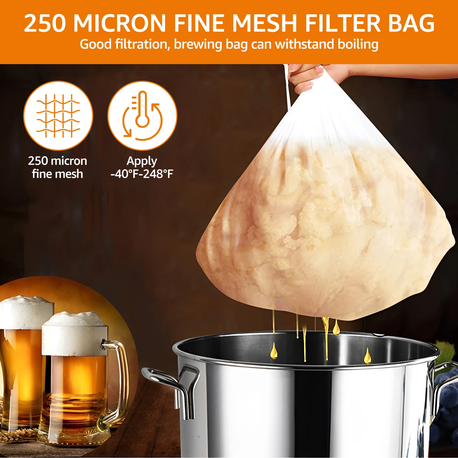 6 Pack Brew Bags Extra Large Reusable Straining Bag 250 Micron Fine Mesh Strainer Bag with Adjustable Drawstring Polyester Wine