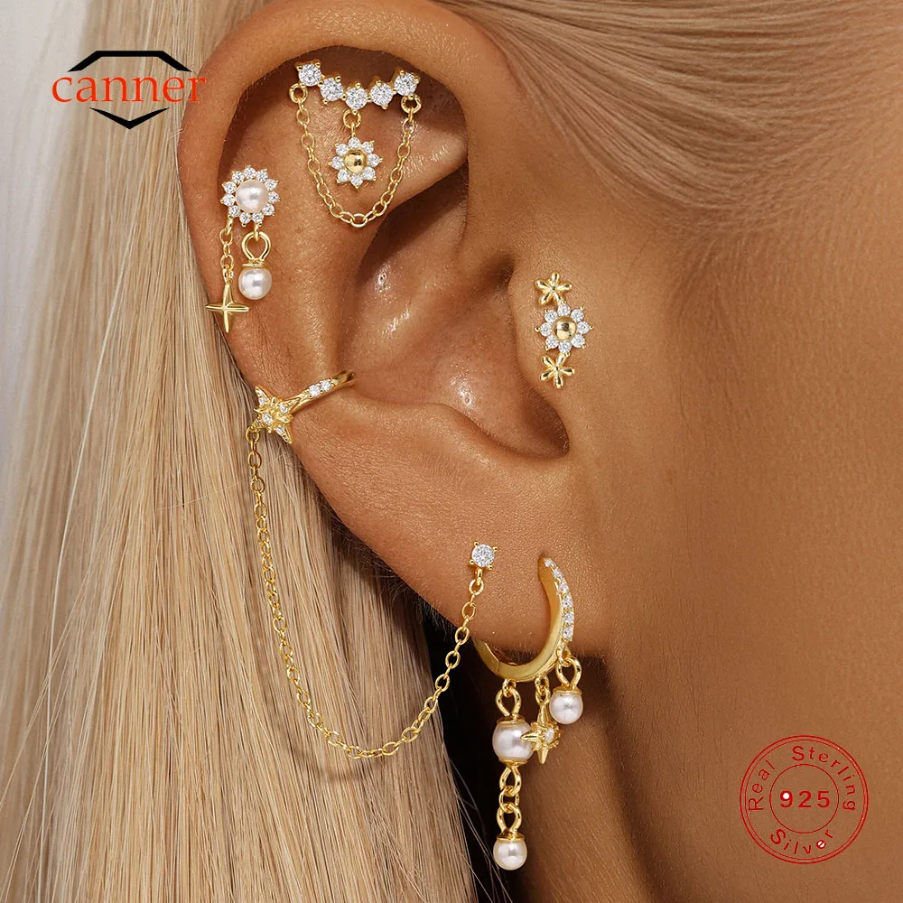 CANNER 1PC Sześcioramienna gwiazda Płaska głowa Przebicie 925 Srebrny kolczyk sztyft dla kobiet Ins Tassel Sunflower Pearl Earring